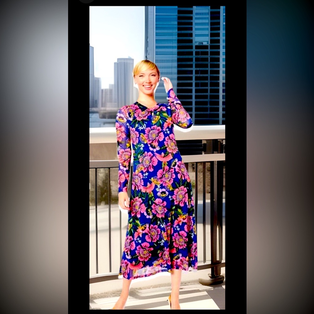 Destination 365 Dress L Floral Print Stretch Knit Mesh Twist Neckline Blue Pink